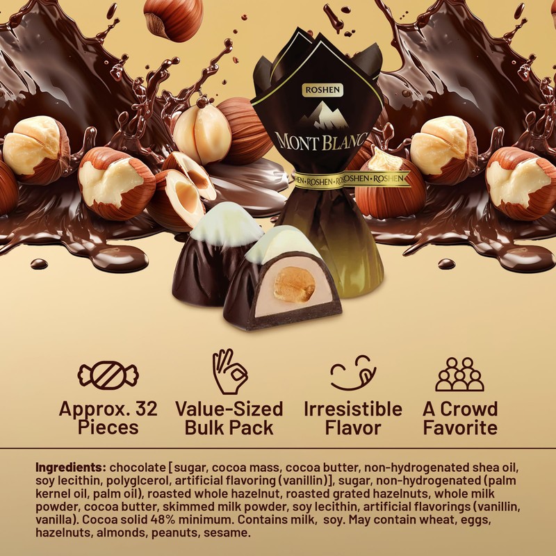 Roshen Mont Blanc with Whole Hazelnuts, Delicious, Flavorful Sweets Bulk