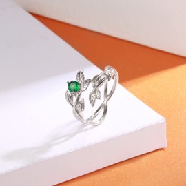 925 Sterling Silver Leaf Ring Adjustable Wrap Around Branch Thumb Ring with Green CZ Jewelry Gifts for Women