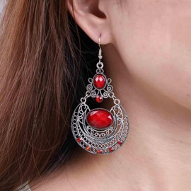 Aneneiceera Vintage Red Gemstone Earrings Oval Filigree Dangle Earrings Retro Tribal Earrings Drop Red Gemstone Earrings Jewellery for Women and Girls (Red), Zinc