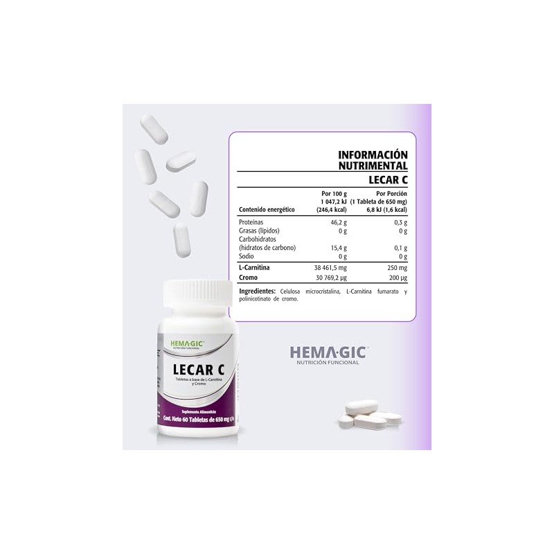Lecar Carnitina Cromo Tabletas 650 Suplementos Alimenticios Fórmula Celulosa Microcristalina