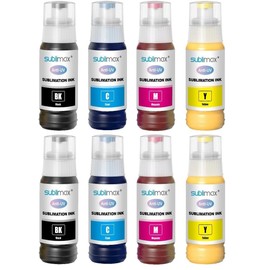 Sublimax 8-Pack Sublimation Ink Compatible for Epson EcoTank Supertank Printer ET-2400 ET-2720 ET-2760 ET-2800 ET-2803 ET-2830 ET-4800 ET-3760 ET-2850 ET-7720 ET-15000 /Cyan-Yellow-Magenta-Black