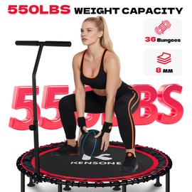 K KENSONE 48" Foldable Rebounder Trampoline for Adults with Bungee, 550 LBS Quiet Indoor Mini Trampoline for Adults Fitness with Adjustable T-Shaped Handle Bar for Gym Workout, Home Exercise, Red