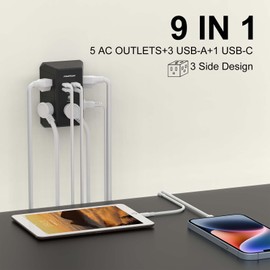 Multi Outlet Extender Surge Protector - POWERIVER Multi Plug Wall Outlet with 5 AC Outlets and 4 USB Ports(1USB C), 1680 Joules, Outlet Splitter for Home School Office, ETL Listed, Black