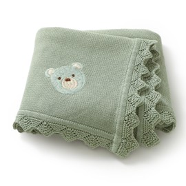 DovFanny Cotton Cellular Baby Blanket Knitted Soft Blanket for Newbron Baby Boy and Girls with Lovely Bear (sage greeen)