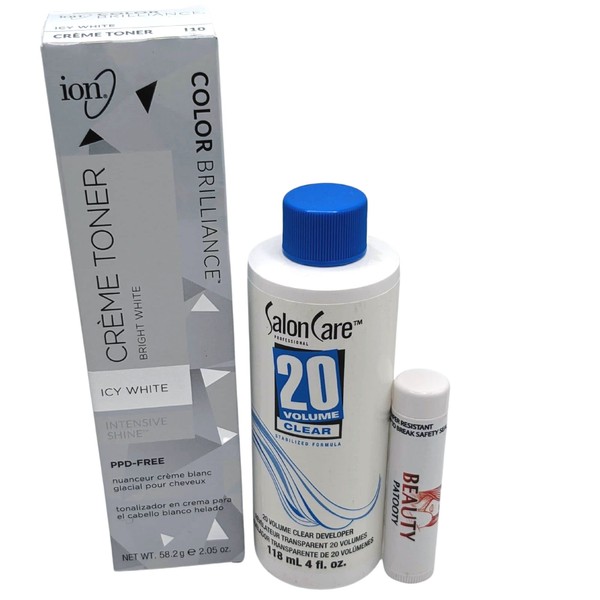 Icy White ion Creme Toner with SalonCare 20 Volume Clear Developer, 4 oz, Bundled with Beauty Patooty Lip Balm