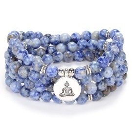 Zen Buddha Necklace Mala Prayer Stone Beads 108 Bracelet with Yoga Lucky Charm for Meditation (Blue Spot Jasper Agate)