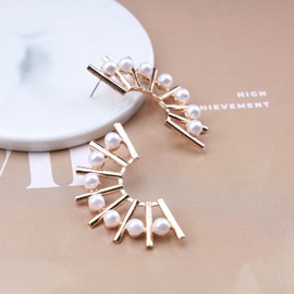 Iaceble Boho Exaggerated Fan Shaped Earrings Vintage Pearl Stud Earrings Pearl Semicircle Earrings Large Gold Statement Earrings Jewelry for Women and Girls
