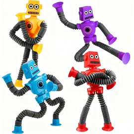 4 Mini Tubos Sensoriales Robot con Ventosa para Niños, Pop Tubes 4 Piezas, Robot Telescópico, Juguete Sensorial Antiestrés, Para Fiestas Infantiles, Viajes y Autismo