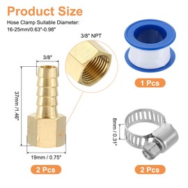 sourcing map 2Pcs Brass Hose Barb Fittings, 3/8" Barb x 3/8" NPT Female Hose Connector with Hose Clamps for Water Fuel Gas Oil Transportation