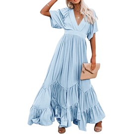 CHARTOU Women's Boho Ruffle Sleeve Flowy Maxi Dress Lace Up Back Tiered Party A Line Dress (X-Large,Light Blue)