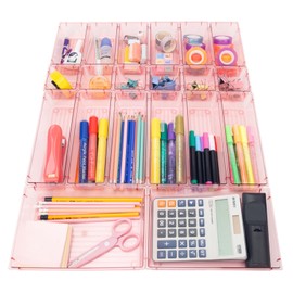 25 Pack Desk Drawer Organizer Set,Vanity and Desk Drawer Storage Bins,Clear Plastic Drawer Organizer Trays for Makeup,Office,Bathroom and Kitchen(pink)