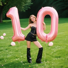 40 Inch Pearlescent Pink Number 10 Balloon Number 10 Balloon 40 Inch, 10th Birthday Party Decorations for Boy or Girl Huge Mylar Anniversary Party Supplies