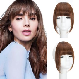 Clip In Fringe 100% Real Human Hair Bangs Hair Clip Thin Bangs On Hairpiece On Air Bangs With Temple Wispy Bangs Hair Extensions for women (Medium brown, Clip in French Bangs)