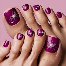 IMRAIN Purple Press on Toenails Short Square Fake Toe Nails Summer Toe Nails with White Star Design Artificial Full Cover False Toenails for Women Girls Nail Supplies 24Pcs