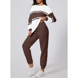 Herseas Women 2 Piece Teacher Outfits Sweatsuit Set 2025 Fall Oversized Color Block Sweatshirt Jogger Sweatpant Tracksuit Lounge Set Dark Brown X-Large 16 18