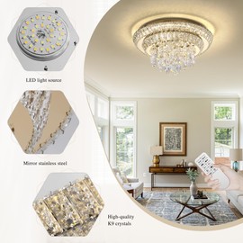 COCOSTAR Gold Elegant LED Crystal Raindrop Ceiling Light, 18" Modern Flush Mount Chandelier Light Fixture with Remote Control, 3CCT Dimmable, for Living Room Kitchen Island Bedroom Entryway Foyer