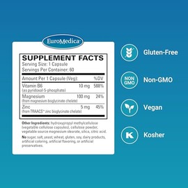 Euromedica Magnesio + P-5-P – 60 cápsulas – Vitamina B6 bio-activa con magnesio y zinc – Salud del corazón, energía, metabolismo, estado de ánimo – Sin OMG, vegano, Kosher – 60 porciones