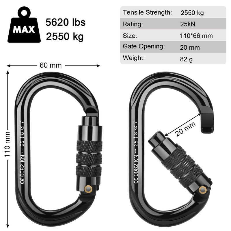 Carabiner Climbing Equipment, BOORCA UIAA Certified 25KN High Performance Carabiner