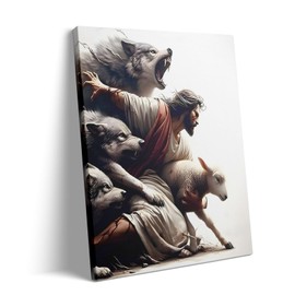 Jesus Protecting the Lamb Canvas Wall Art Decor - 24X30 inch Powerful Religious Artwork, Depicting Jesus Saving a Lamb from Wolves, Christian Inspirational Print, Prayer Room or Church Canvas Decor