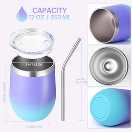 Volhoply 12oz Stainless Steel Wine Tumbler with Lid and Straw,Double Wall Vacuum Insulated Stemless Wine Glasses,Reusable Travel Coffee Mug for Cold Drinks,Tumblers Gifts for Women（Purple Bule,1 Set）