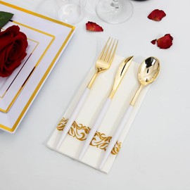 I00000 144 Gold Plastic Forks, Disposable Gold Flatware with White Handle, Look Like Gold Cutlery for Party Wedding