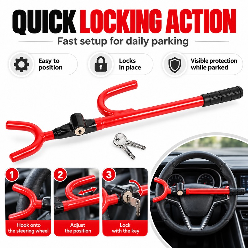 Telescopic Steering Wheel Lock for Vehicle Security – Adjustable U-Shaped