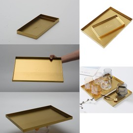 Gold Rectangle Trays, Stainless Steel Metal Serving Tray, Home Decorative Bathroom Vanity Counter Top Organization Storage Tray for Jewelry/Cosmetic/Kitchen Tableware (Rectangle - L)