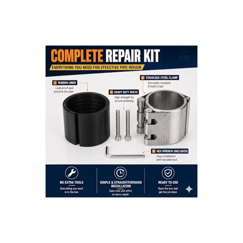 Pipe Repair Clamp，3 inch(74mm-79mm) Stainless Steel Leak Sealer, Heavy Duty