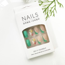 Square Press on Nails, French Tip Medium Fake Nails with Colorful Daisy Designs Full Cover Acrylic False Nails Glossy Mint Green Glue on Nails Summer Spring Press on Nails for Women and Girls, 24Pcs
