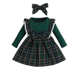 LUJENGEFA Newborn Baby Girl Outfits Set Long Sleeve Romper Dress Plaid Jumpsuit Bodysuit+Headband Cute Xmas Infant Clothes Green 3-6 months