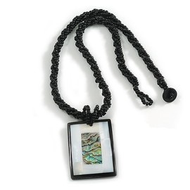Avalaya Rectangular Shell Pendant with Black Beaded Twisted Cord Necklace in Black/Silvery Grey/Abalone Colours - 44cm Long