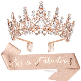 TOBATOBA 100th Birthday Decorations - Rose Gold Sash and Tiara for Women, Fabulous Party Supplies