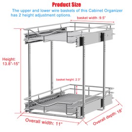DINDON 2 Tier Pull Out Cabinet Organizer (11" W x 18" D) Heavy-Duty Metal Sliding Drawer Shelf, Two Tier Pull Out Shelves for Kitchen Cabinets, Pantry, Bathroom, Chrome Finish