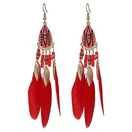 Teardrop long earrings, feather earrings, ethnic long feather fringe earrings, red