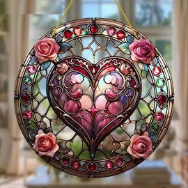 Heart Flower Floral Rose Stained Windows Hanging Suncatcher,Flower Stained Glass Suncatchers Window Ornament Stained Glass Panel Sun Catcher Wall Hanging Decor Birthday Gifts