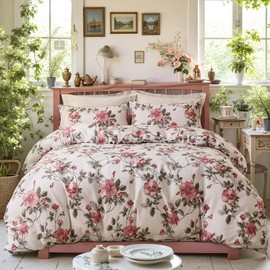 Floral Bedding King 100% Cotton Duvet Cover Set Botanical Comforter Cover Cute Garden Pink Flower Breathable Lightweight 3 Pcs