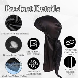 Kighdel 2 PCS Durag Mens Silk Durag Durag Silk Durags Black Durag Wrinkle-Resistant Satin Wide and Long Tail Suitable for Men and Women Hip-Hop Everyday Decorative Braids Waves and Curls