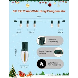 C9 Christmas Lights Outdoor 25FT - Commercial Grade LED String Lights with 25 Warm White Bulbs, UL Certified, Waterproof & Connectable for Xmas, Holiday, Yard, Roofline Decor (Green Wire)