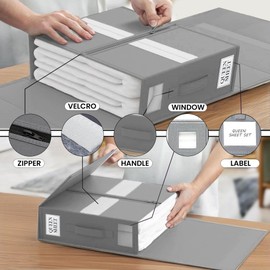 CUBEOL Pack of 4 Bed Sheet Organizers and Storage, Bedding Storage with Window, Zipper & Labels, Printed Linen Storage Bags, Foldable Sheet Organizers and Storage for Linen Closet