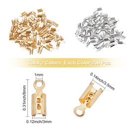 CREATCABIN 1 Box 400 Pieces 2 Colour Folding Crimping Cord Crimping Tips 3 mm Leather Band Clamp Clasp Brass Terminators Jewellery Search Kit DIY Bracelets Pendant Necklaces Platinum Gold Making