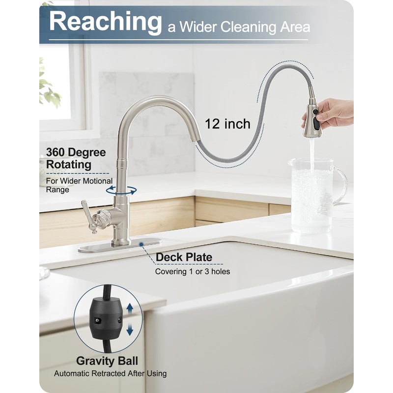 HOIGY Brushed Nickel 3-Function Pull-Down Sprayer Kitchen Faucets, 1 or