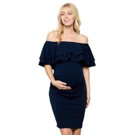 My Bump Double Layer Ruffle Maternity Dress - Fitted, Off-Shoulder, Baby Shower, Pregnancy