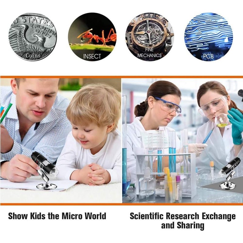 USB Digital Microscope 40X-1000X, 8 LED Endoscope Camera with Carrying