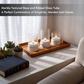 Fanna 3 Flameless LED Candles with Timer Function in Marble Texture, Battery Operated Glass Candles for Home Decor and Table Centerpieces, Gray and White Design - H 4" / 5" / 6"