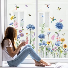 wondever Window Sticker Garden Flowers Window Sticker Hummingbird Blue Flowers Butterfly Window Stickers Anti-Collision Double-Sided Glass Sticker Spring Summer Glass Decoration