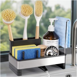 Ouletoy Sponge Holder for Kitchen Sink Caddy with Detachable Dish Brush Holder, Stainless Steel Bathroom Countertop Sink Organizer and Storage for Dishcloth and Soap Dispenser, Rustproof Drain Rack