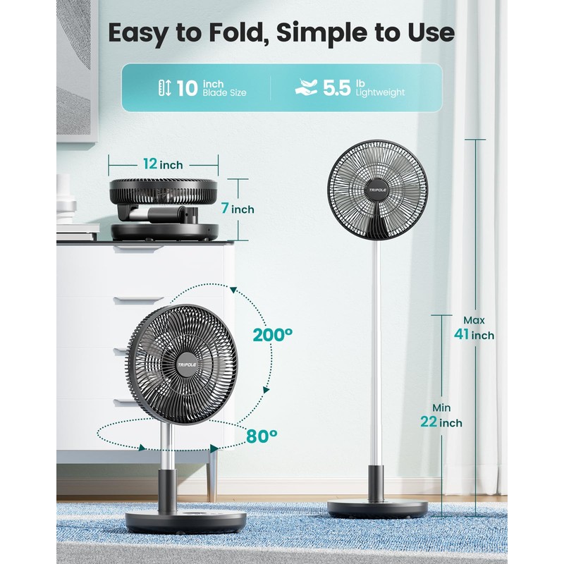 TriPole Foldable Standing Fan 12" Portable Rechargeable Battery Pedestal Fan