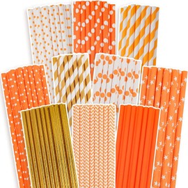 Gcardist Orange Gold Paper Straws for Drinking Orange Gold Disposable Straws 100pcs Disposable Straws Bulk（10 Pattern）