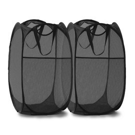 Collapsible Mesh Pop Up Laundry Hamper with Sturdy Handles and Side Pocket - Portable Foldable Clothes Baskets for Dorm, Bathroom & Travel Storage (Black, 2 Packs)
