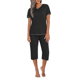 Ekouaer Black Pajamas for Women Soft Pjs Set Short Sleeve Sleep Lounge Capri Pants Comfy 2 Piece PJS Set with Pockets